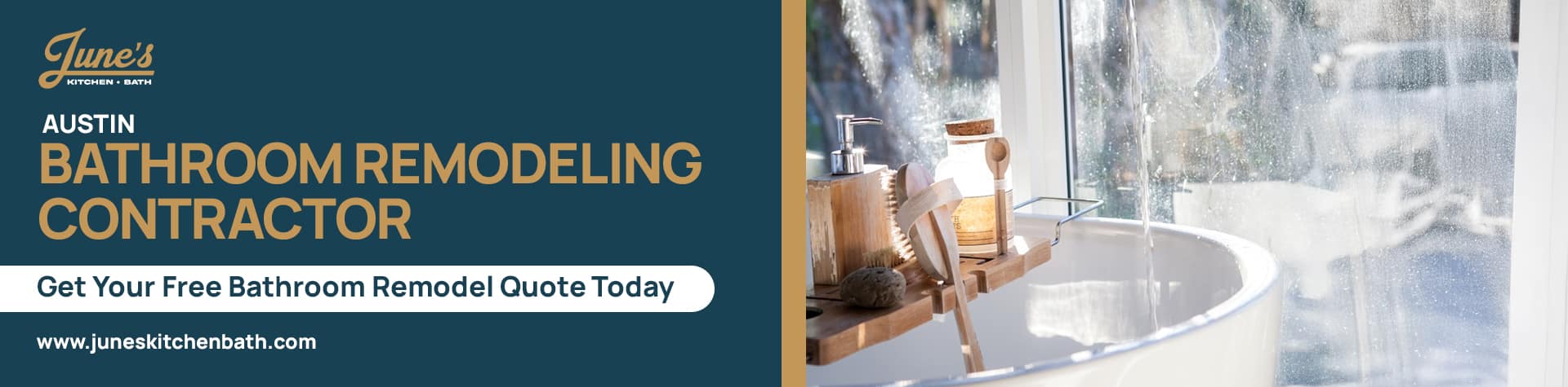 Bathroom remodeling contractor in Austin, Texas, offering free quotes. The image shows a modern, bright bathroom with a freestanding tub next to a large window, suggesting a high-end, spa-like renovation.