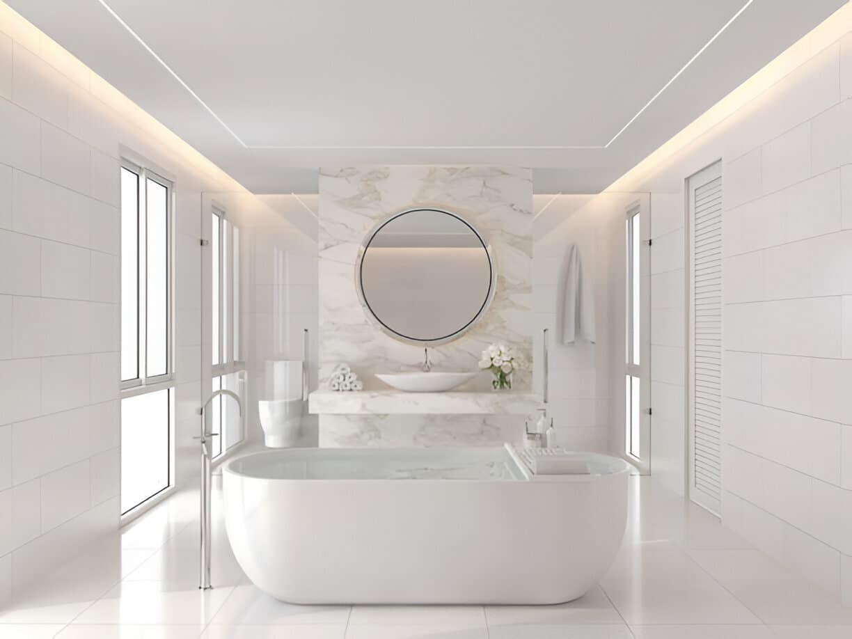 A clean, modern bathroom with a freestanding white bathtub, a round mirror, and a sleek vessel sink on a marble countertop. The room features white tile walls and floors, and recessed lighting in the ceiling.